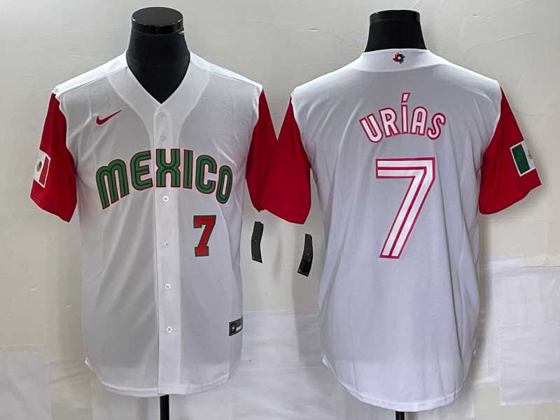 Mens Mexico Baseball #7 Julio Urias Number 2023 White Red World Classic Stitched Jersey42->2023 world baseball classic->MLB Jersey